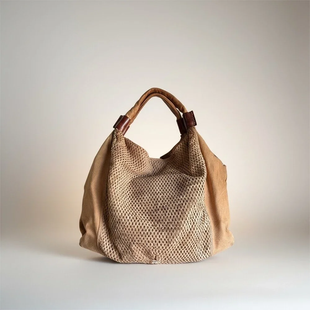 49 Square Miles Nubuck Leather Slouchy Hobo Shoulder Bag Perforated Tan Tote - Picture 14 of 14